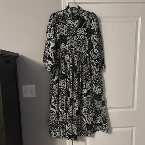 Batsheva Black and White Mock Neck Bishop Sleeve Dress